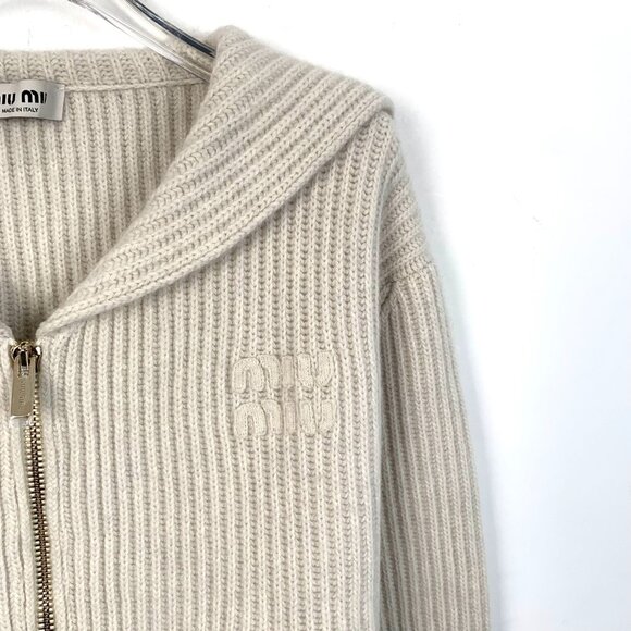 Miu Miu Womens Apricot Wool & Cashmere Blend Zipper Knit Coat With Logo Embroide - Picture 3 of 8